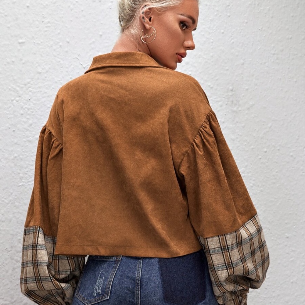 Corduroy plaid puff sleeve boyfriend jacket coat - Picture 4 of 7